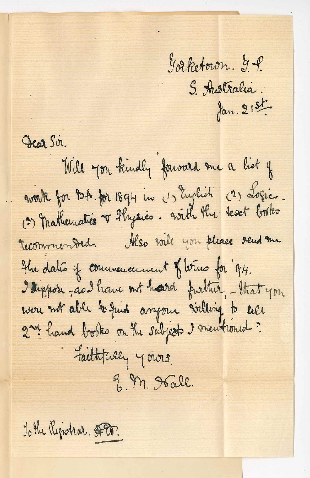 Miss EM Hall - Yorketown Yorkes Peninsula - Details of subjects for 1894