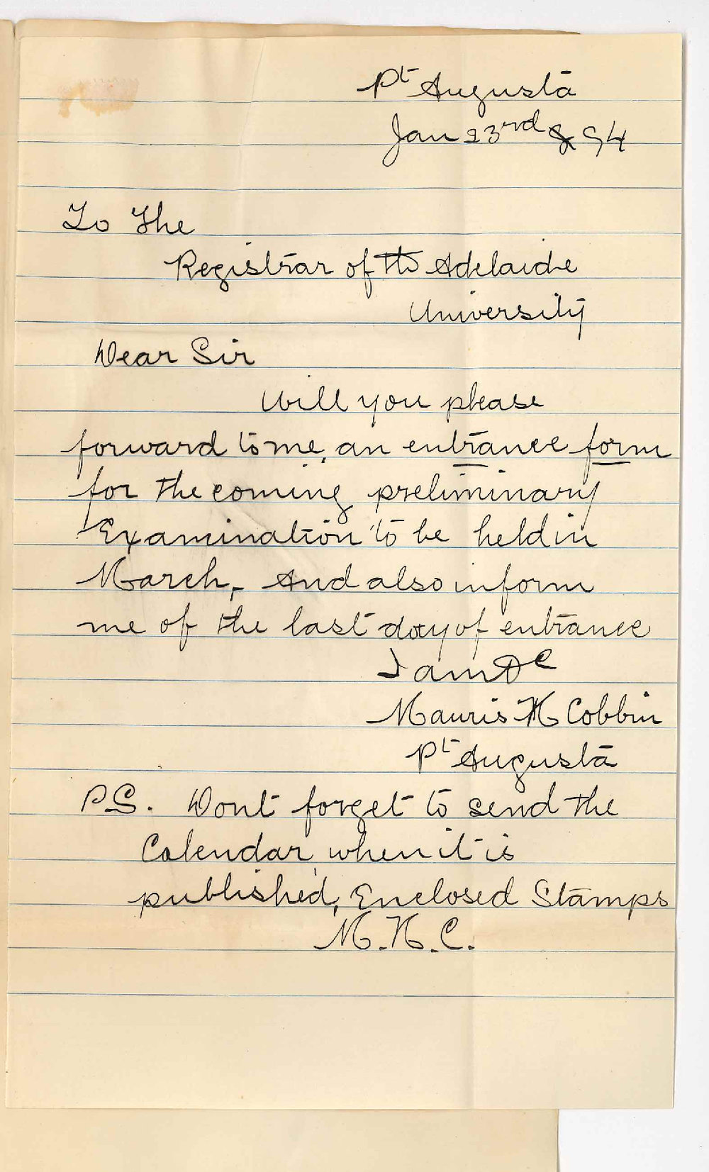 Mauris Newenham Cobbin - Port Augusta - Entrance form - Preliminary Exam March 1894