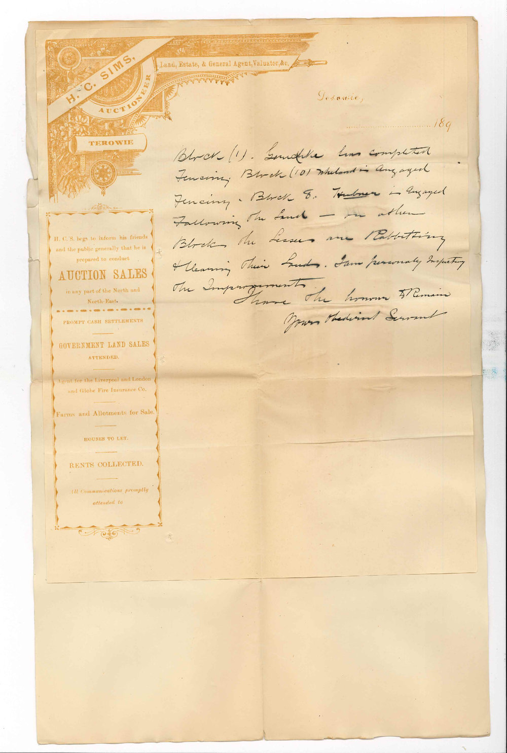 HC Sims - Land, Estate &amp; General Commission Agent - Terowie - Forwards cheque for sale of Block No 6 Parnaroo also reports on whole Block No 2 etc