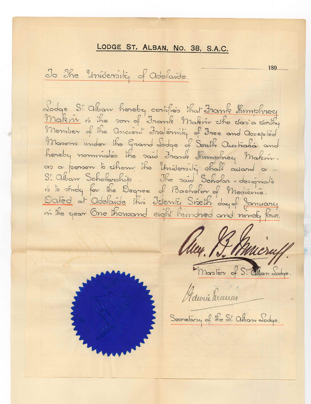 Jabez Edwin Thomas - Secretary - Lodge St Alban Grenfell Street City - Nomination of Frank Humphrey Makin as Scholar