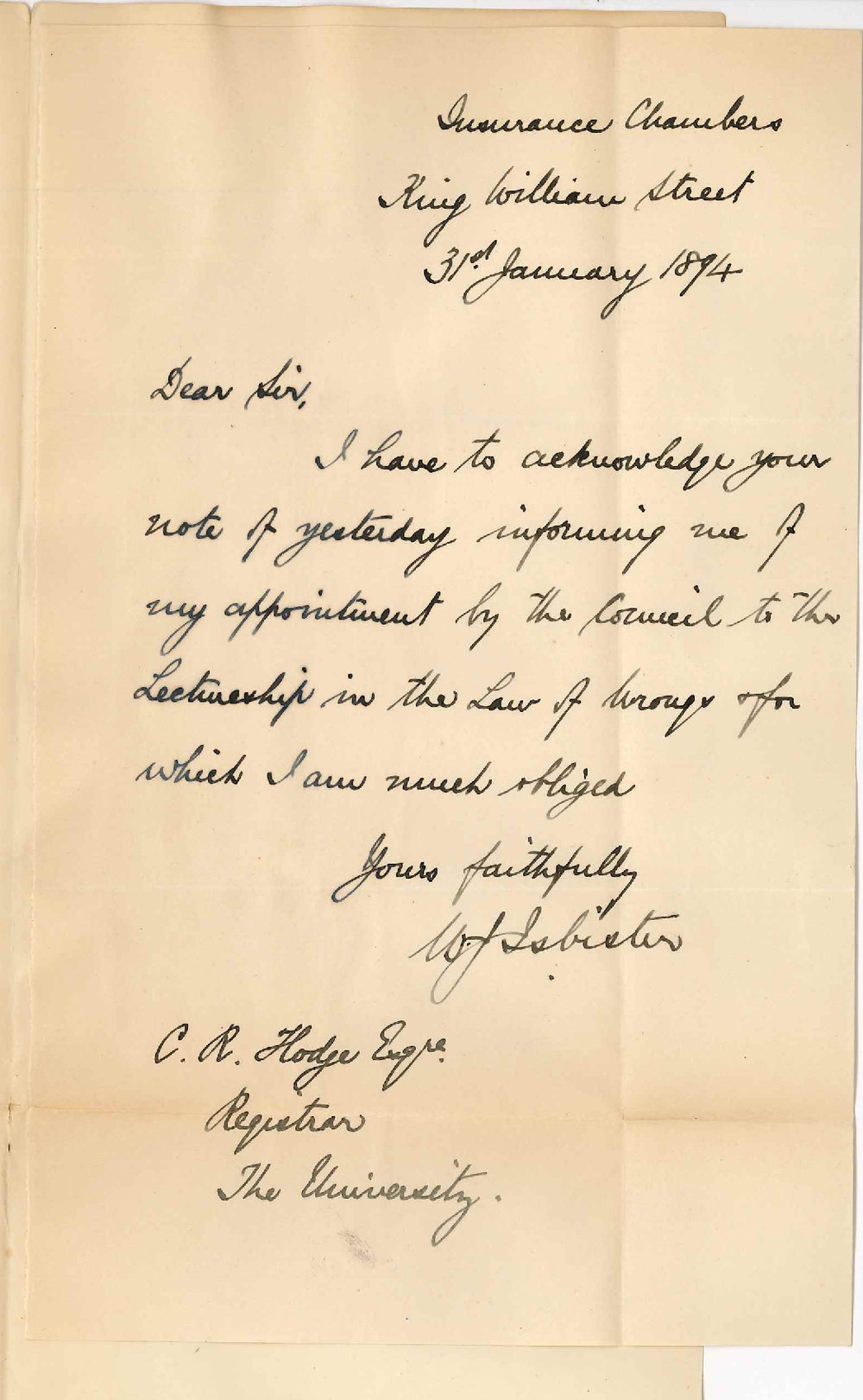 William James Isbister - King William Street City - Thanks Council for appointing him Lecturer on the Law of Wrongs for the year 1894