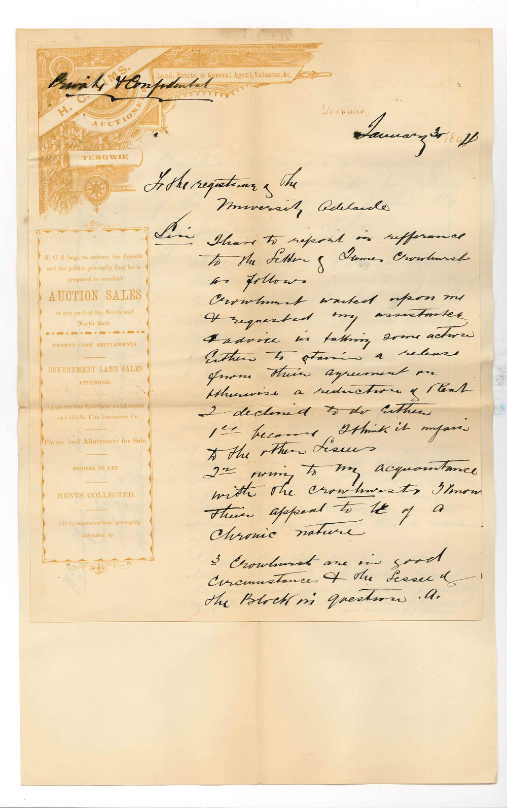 HC Sims - Land, Estate &amp; General Commission Agent - Terowie - Report re James &amp; AW Crowhurst asking for reduction of rent