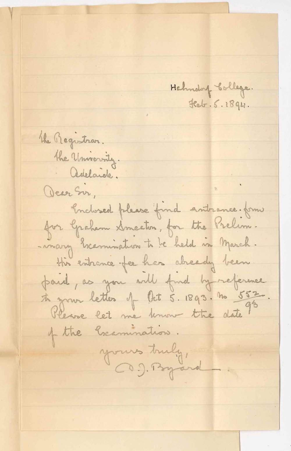 Douglas John Byard - Hahndorf - Entry for Preliminary - Asks date of Examination