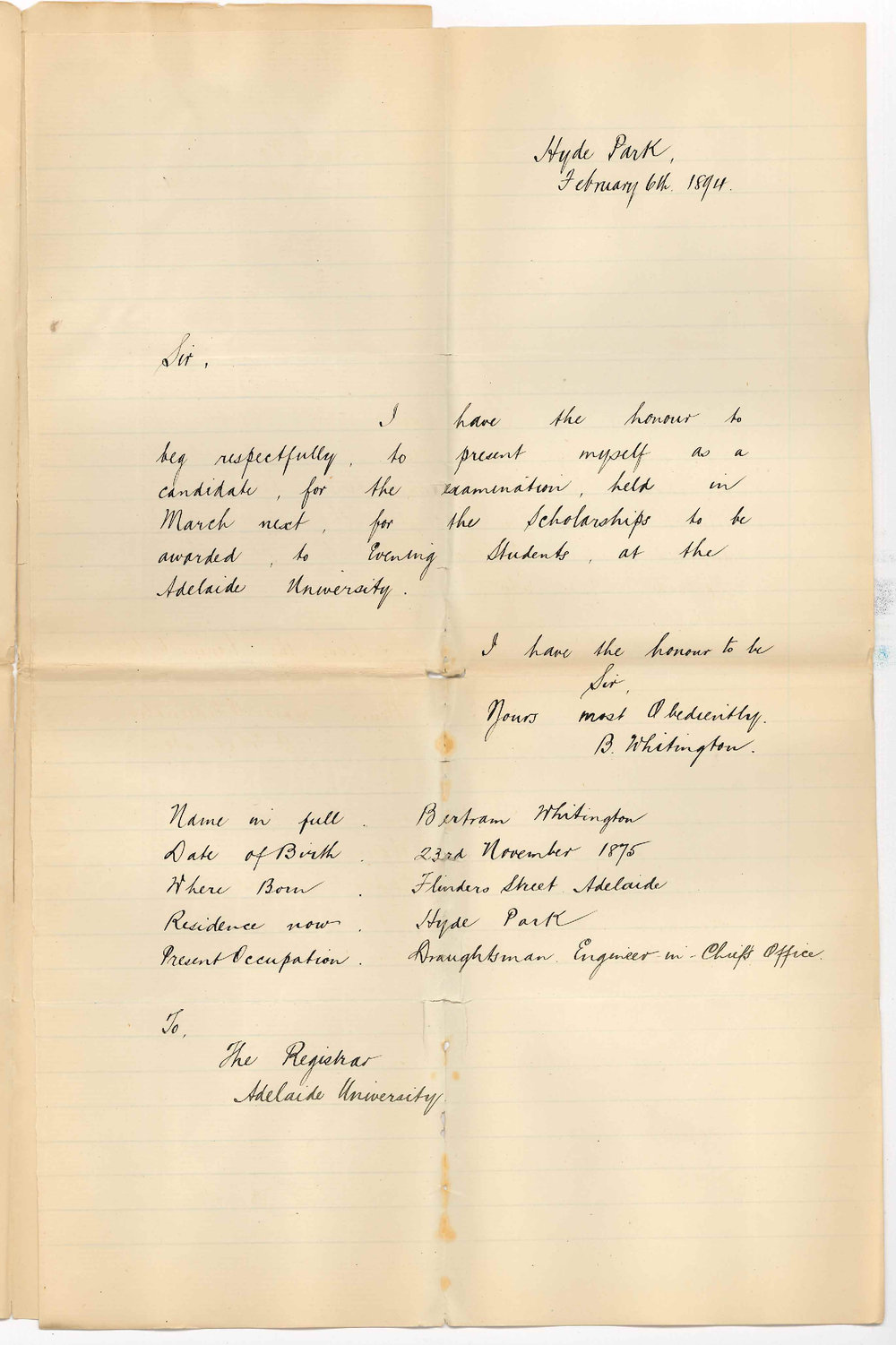 Bertram Whitington - Hyde Park - Entry for Evening Scholarships Examination