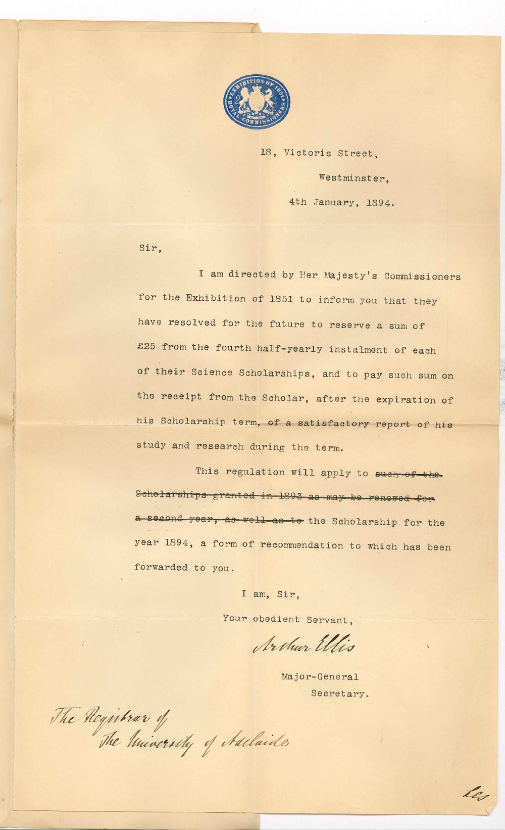 Exhibition Science Commissioners - London - New Regulations as to reserving &pound;25 of Scholarship monies to be paid after receiving Scholars Report