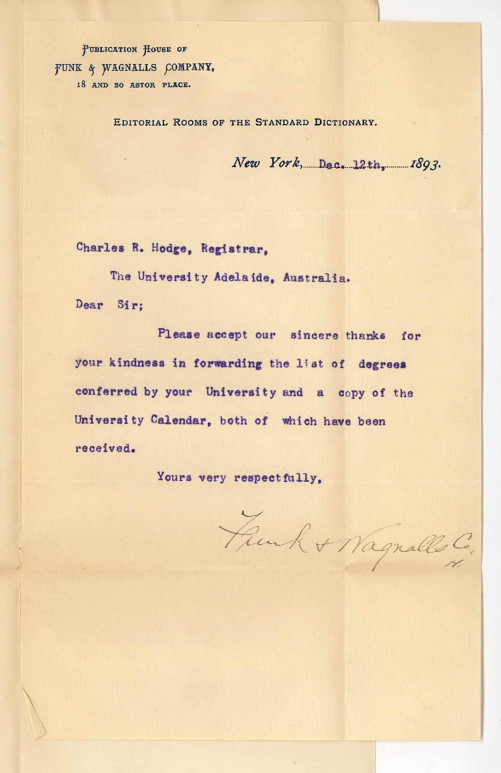 Messrs Funk &amp; Wagnalls - New York - Acknowledges receipt of Calendar and list of Adelaide degrees