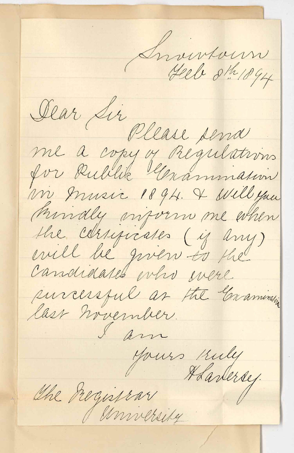 Miss H Laverty - Snowtown - Asks for Regulations of Music Exams etc