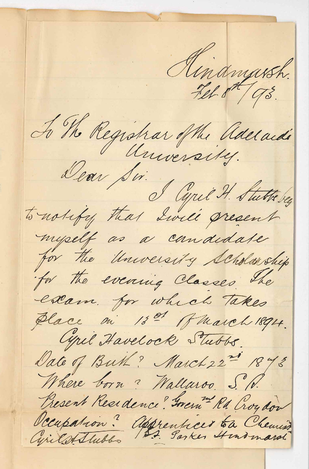 Cyril A Stubbs - Hindmarsh - Entry for Evening Scholarships Examination