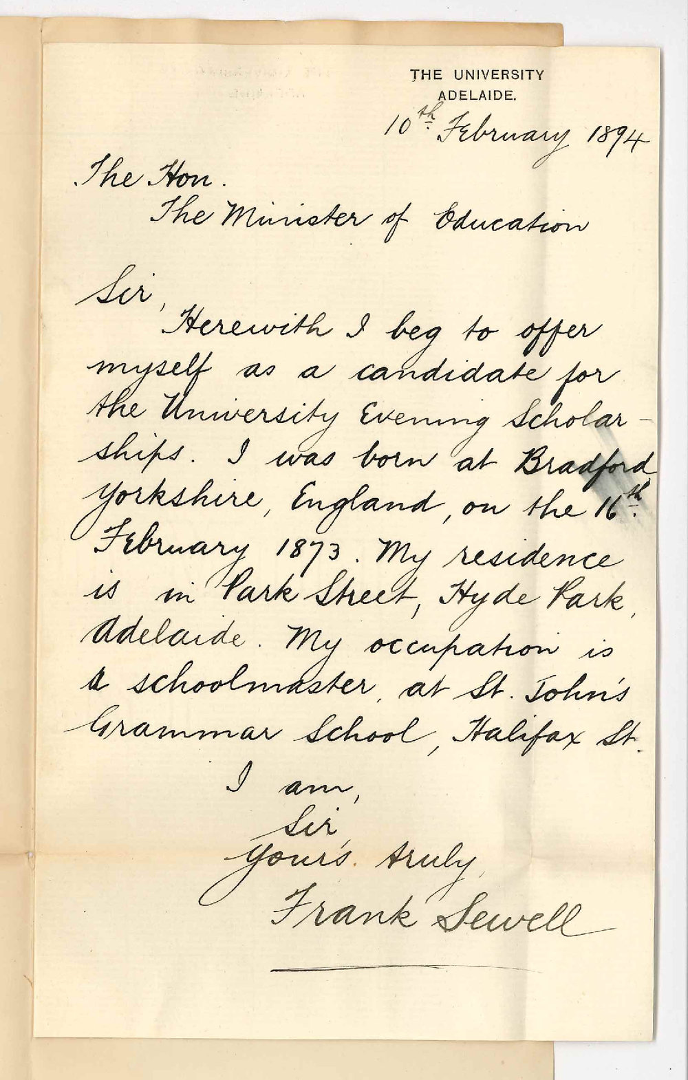 Frank Sewell - Hyde Park - Application for admission to Evening Scholarships Examination