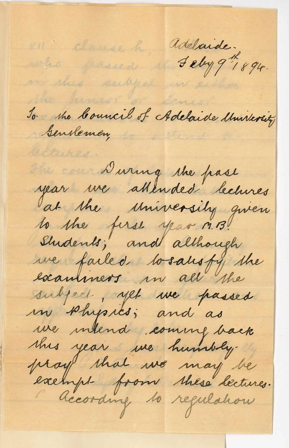 Theo Auricht and Sydney L Dawkins - Adelaide - Request to be exempt from attending lectures on Physics 1st year MB 1894