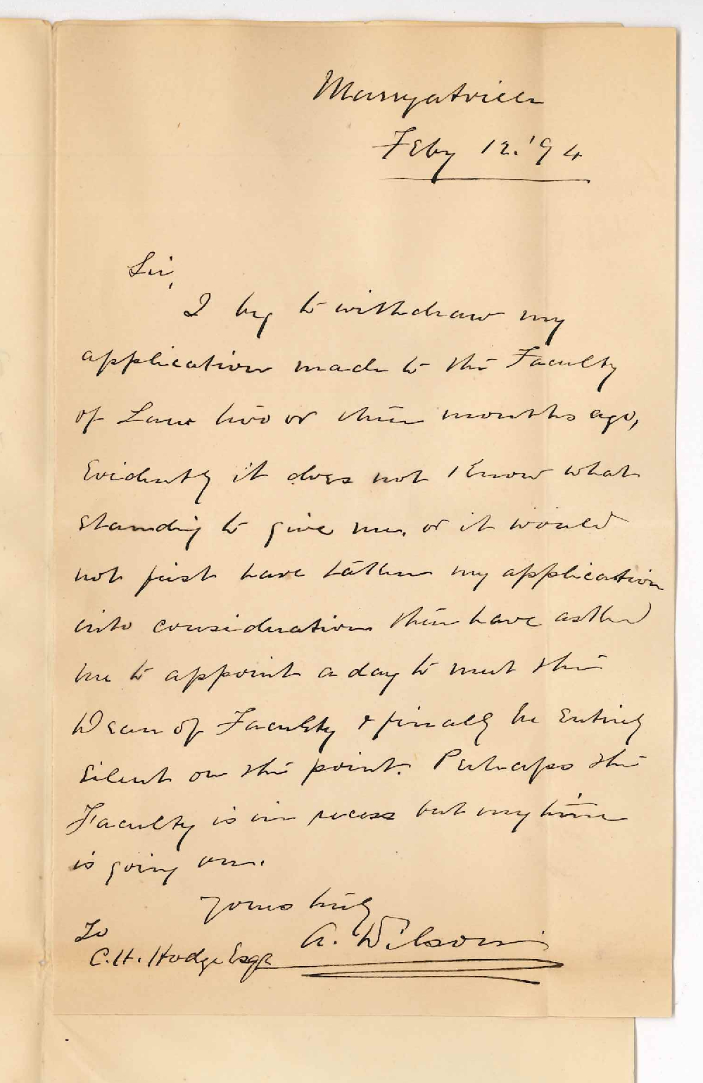 Rev A Wilson - Marryatville - Withdraws application for admission ad eundem statum to LLB Course