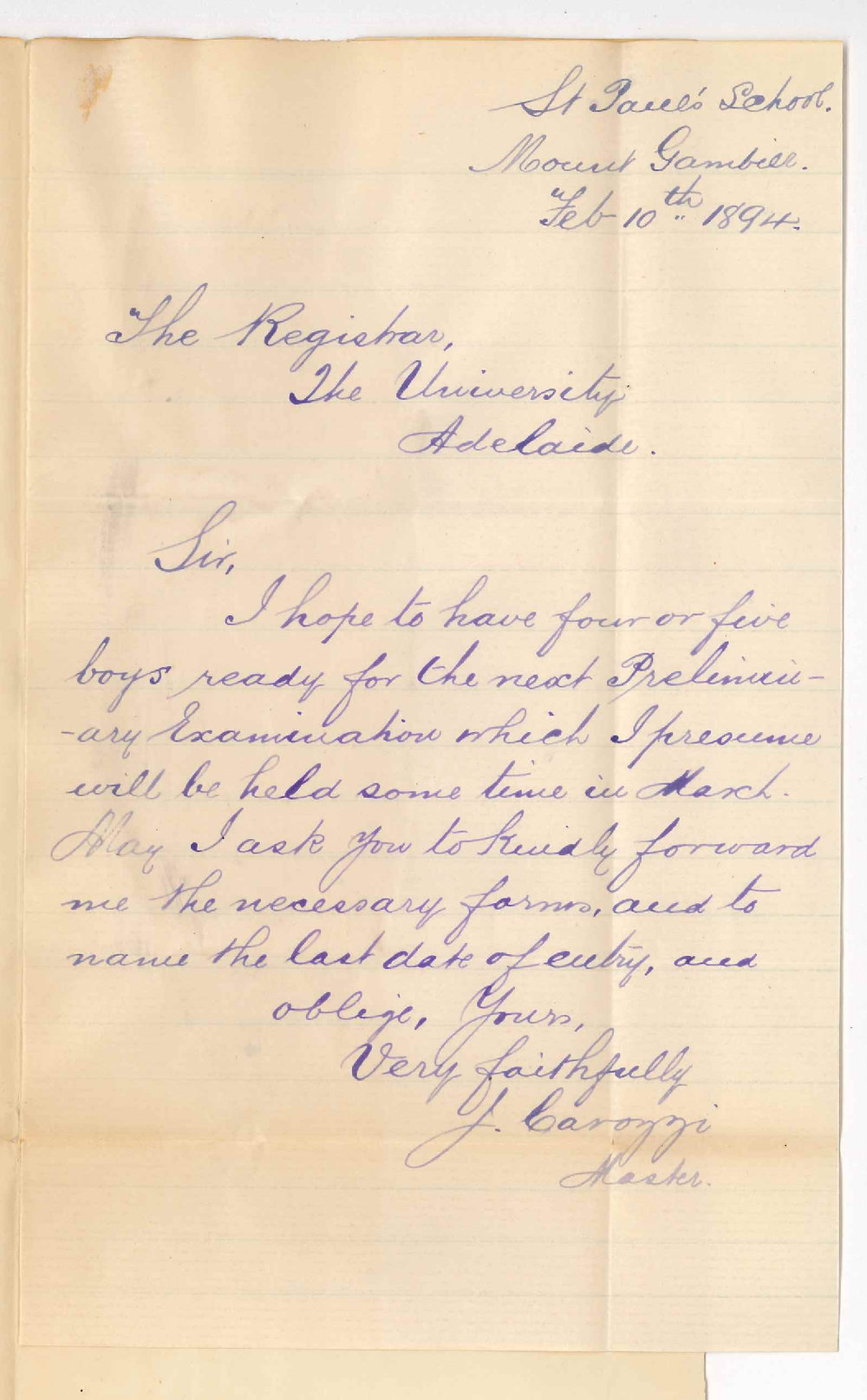 Julius Carozzi - Mount Gambier - Requesting Preliminary forms etc