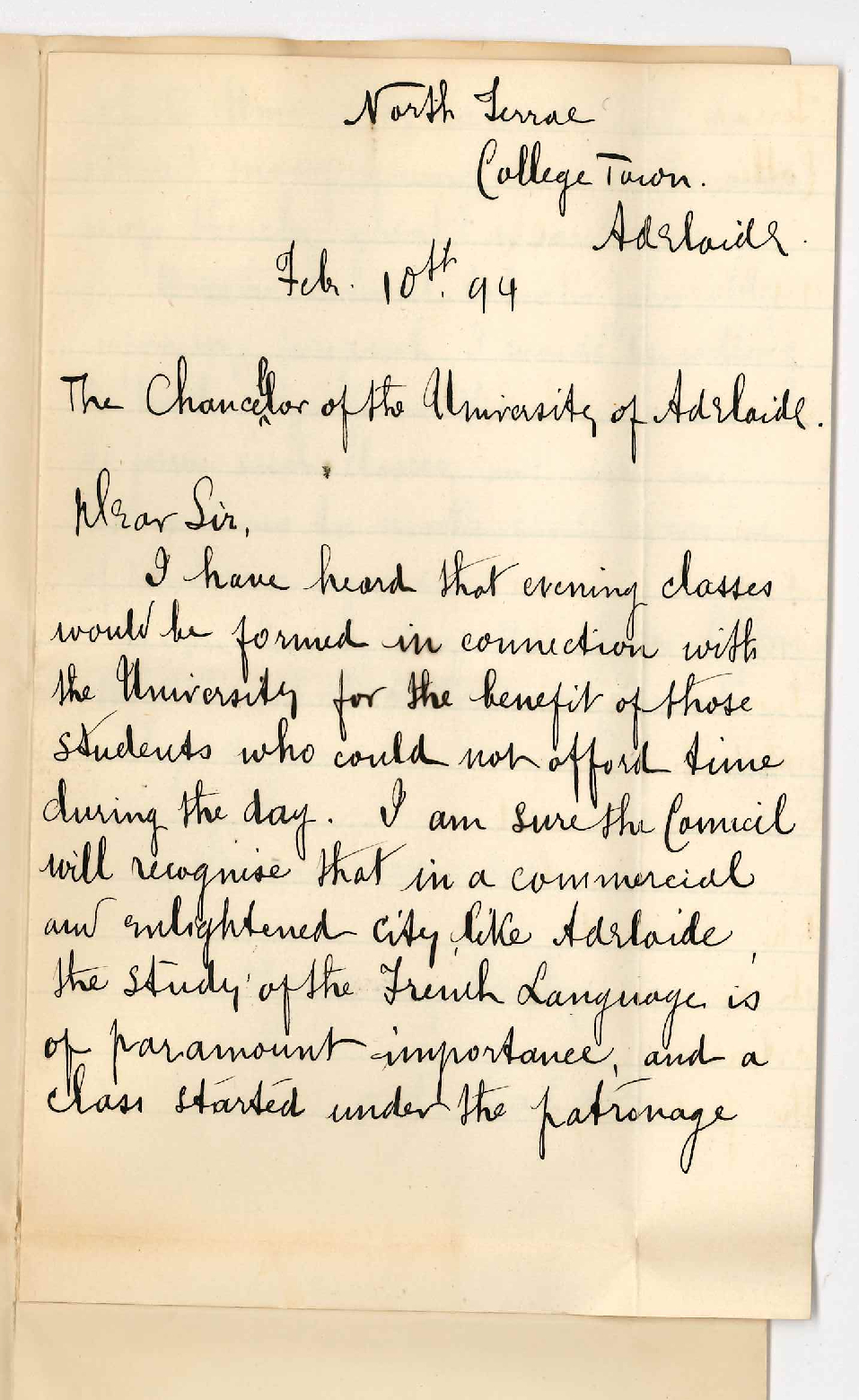 A I Calais - North Terrace College Town - To the Chancellor - Offers service as lecturer on French for the year 1894