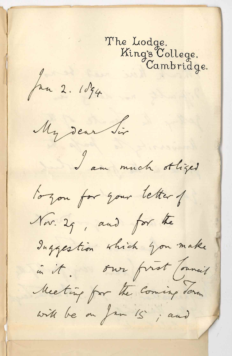 Augustus Austen Leigh - Vice Chancellor - University of Cambridge - To the Chancellor - Acknowledges receipt of letter - Thanks for suggestion contained therein