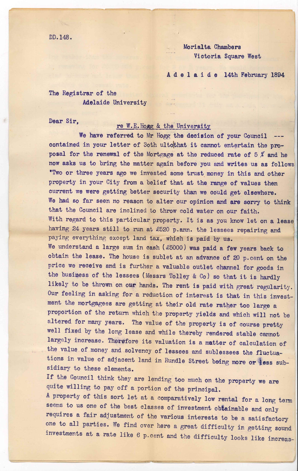 Baker &amp; Barlow - Victoria Square City - Re decision of Council not to renew loan at 5% to Mr W E Hogg