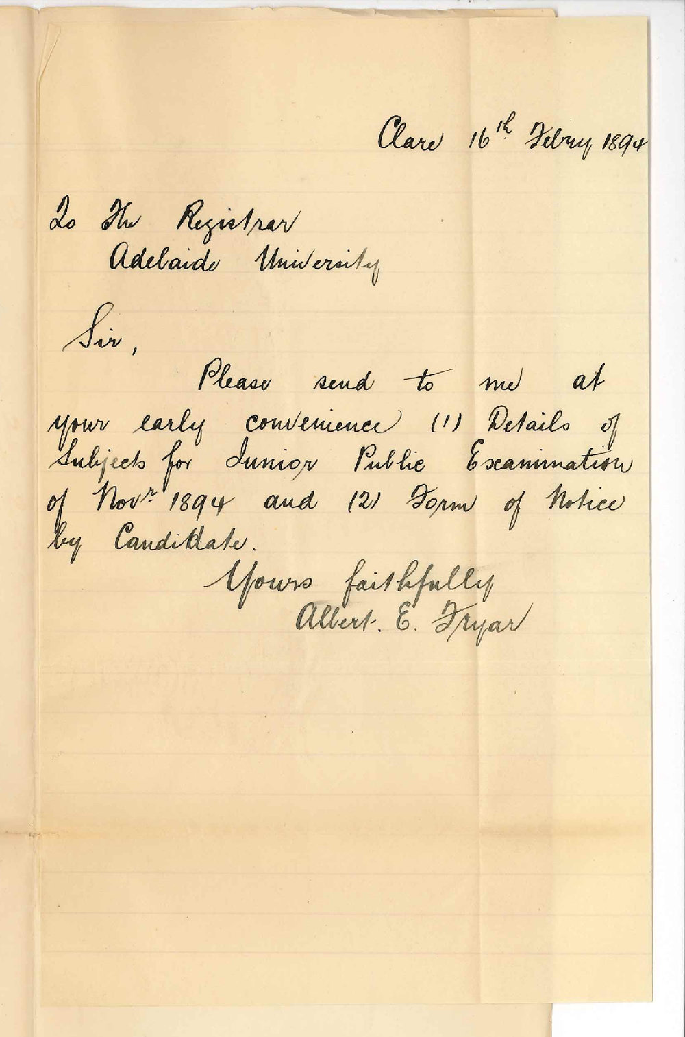 Albert E Fryar - Clare - Requests details of subjects Junior Public Exam 1894 etc
