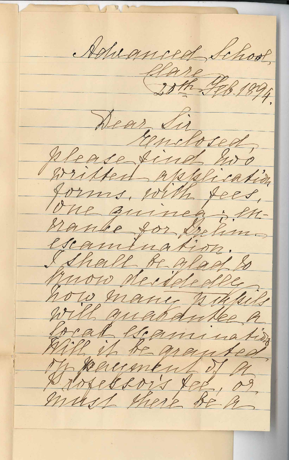 R H A Braddock - Advanced School - Clare - Number of Candidates necessary for local Exam