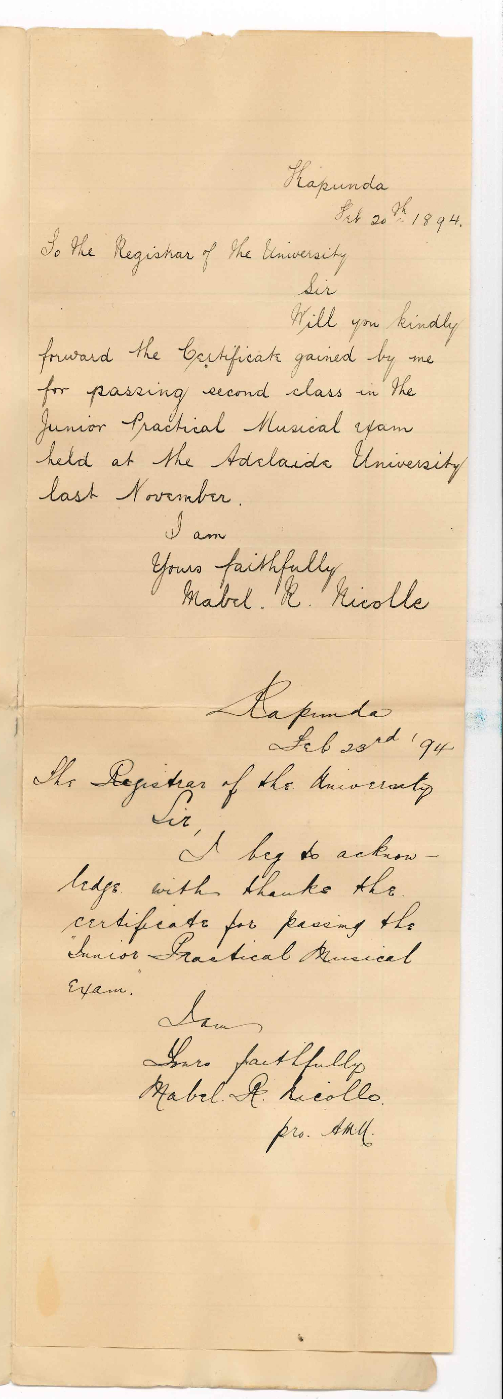 Mabel R Nicolle - Kapunda - Requests Music Certificate