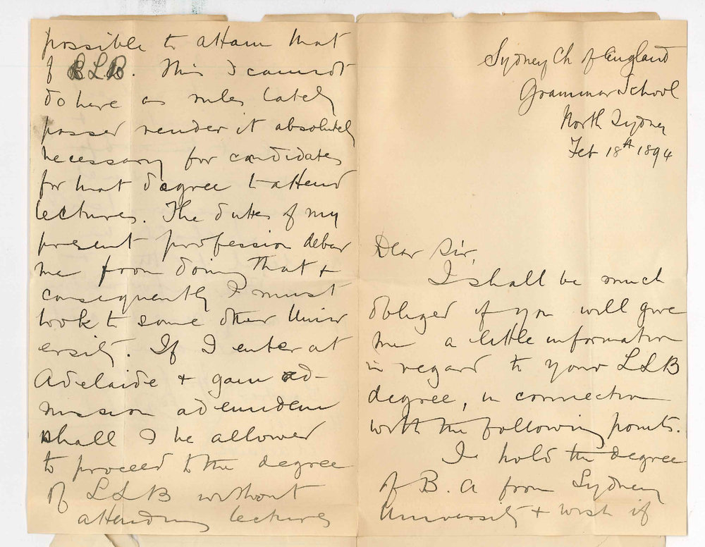 E R Holme - Sydney Church of England Grammar School - North Sydney NSW - Information regarding LLB Course