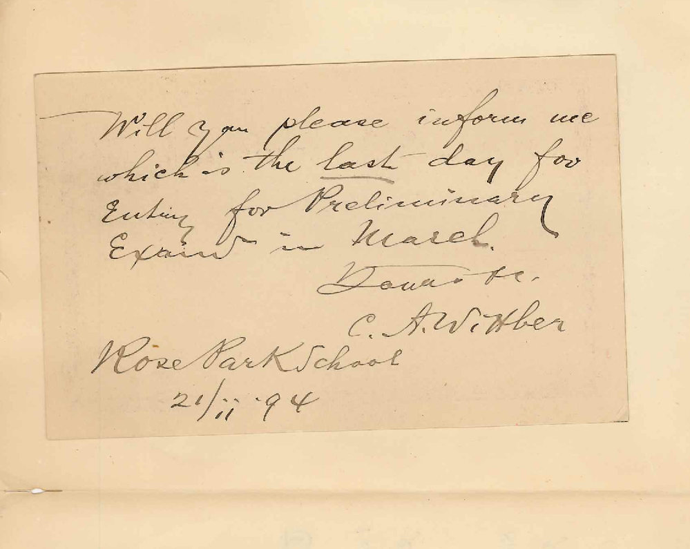 CA Wittber - Public School - Rose Park - Last day of entry for the Preliminary Examination in March 1894