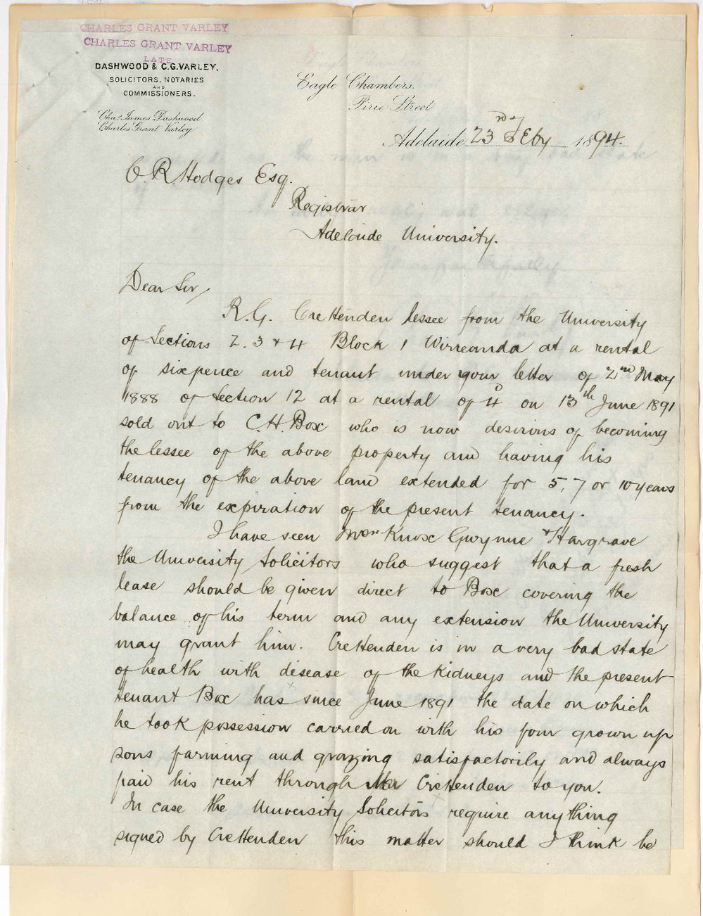 Charles Grant Varley - Eagle Chambers - Pirie Street - Lease of Sections 2 3 4 and 12 Wirreanda to Mr CH Box and surrender of same by Mr RG Crettenden