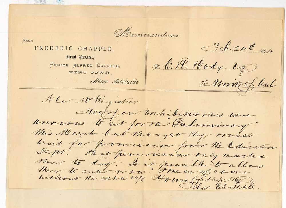 Frederic Chapple - Prince Alfred College - Kent Town - Wishes to know whether two pupils may enter for the Preliminary Examination in March 1894 without payment of late fee of 10/6