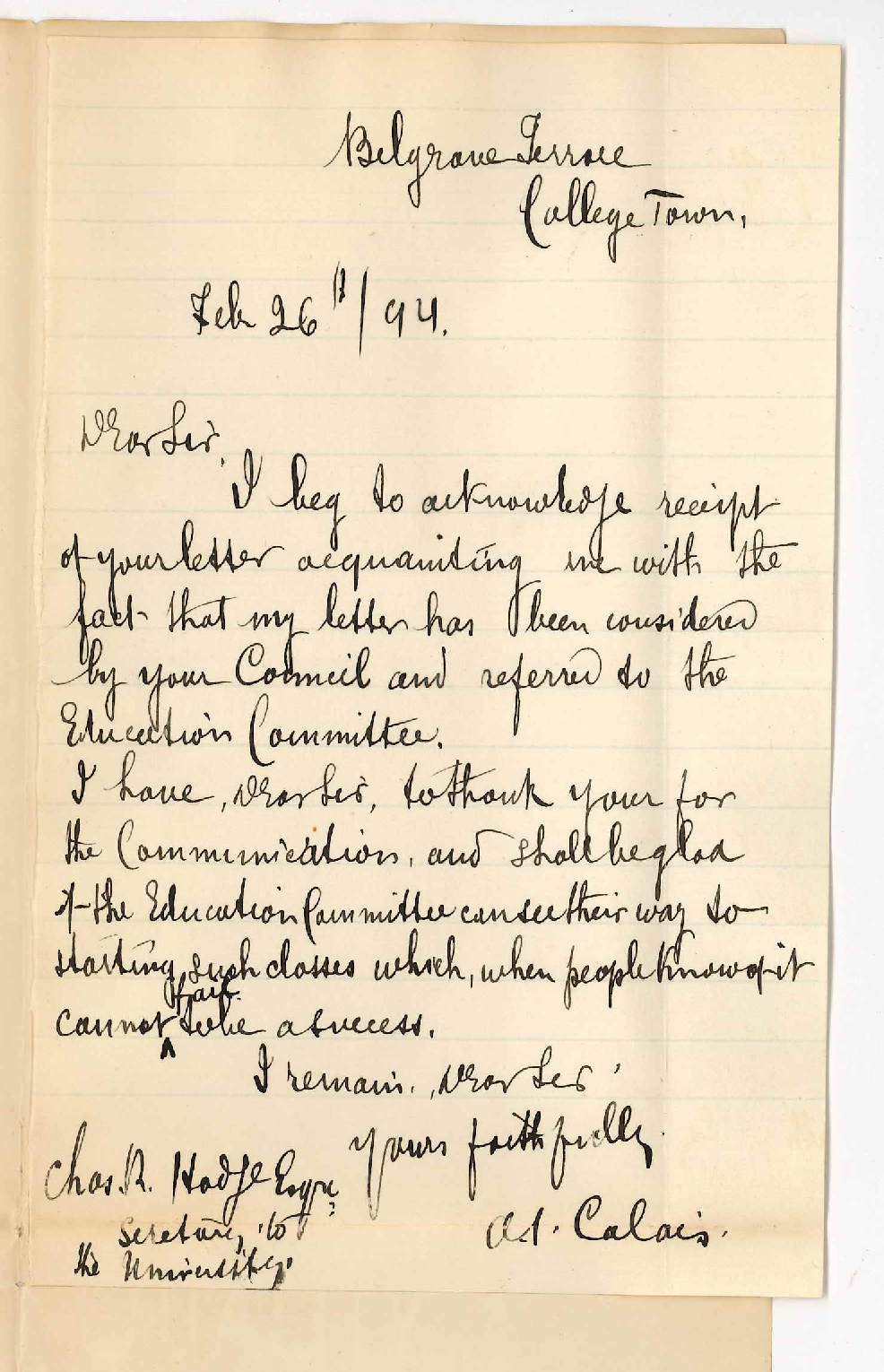 A I Calais - Belgrave Terrace College Town - Thanks for letter and hopes Education Committee will be able to start Classes in French