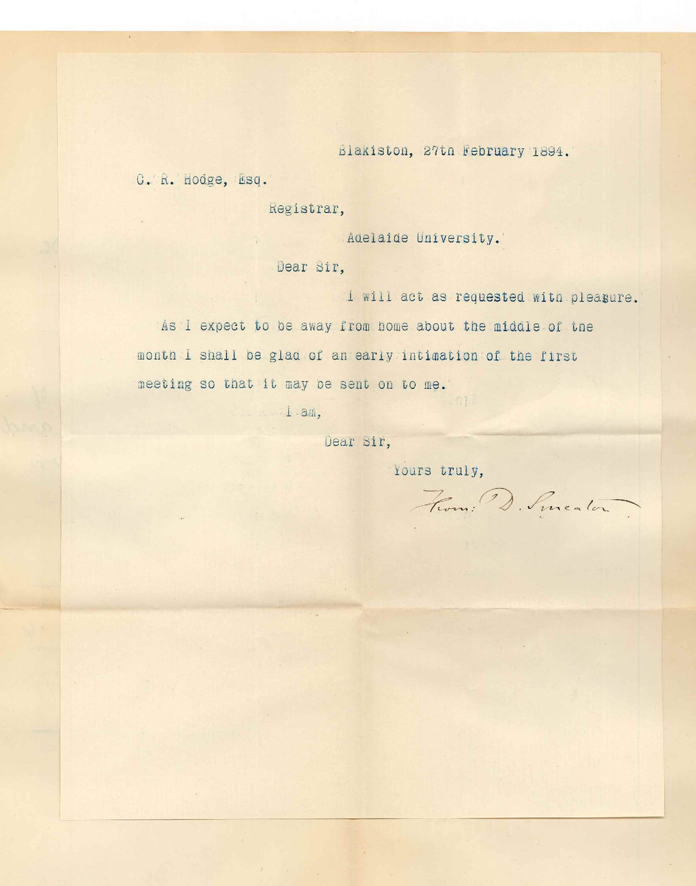 Thomas Drury Smeaton - Blakiston - Will act as member of Board for Senior Public Exam and requests early intimation of meeting