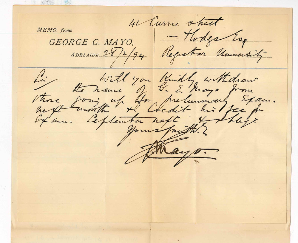 George G Mayo - 41 Currie Street City - Withdraws the name of GE Mayo from Preliminary Exam and wishes fee to stand to credit