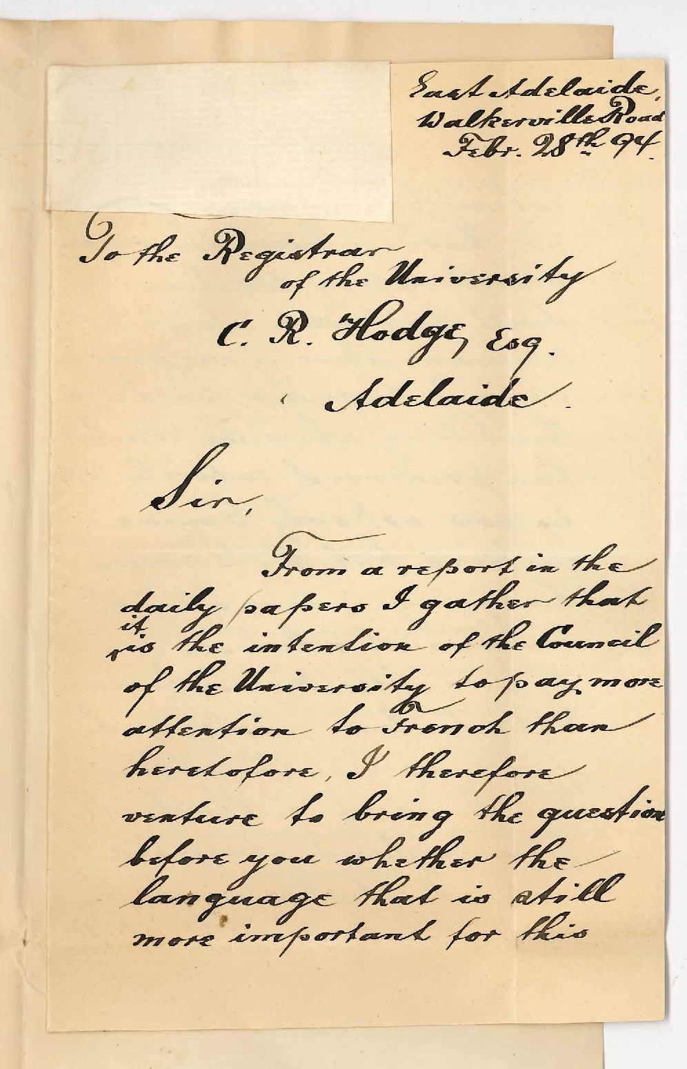 A F Rechner - Walkerville Road East Adelaide - Offers to conduct Classes in German at the University