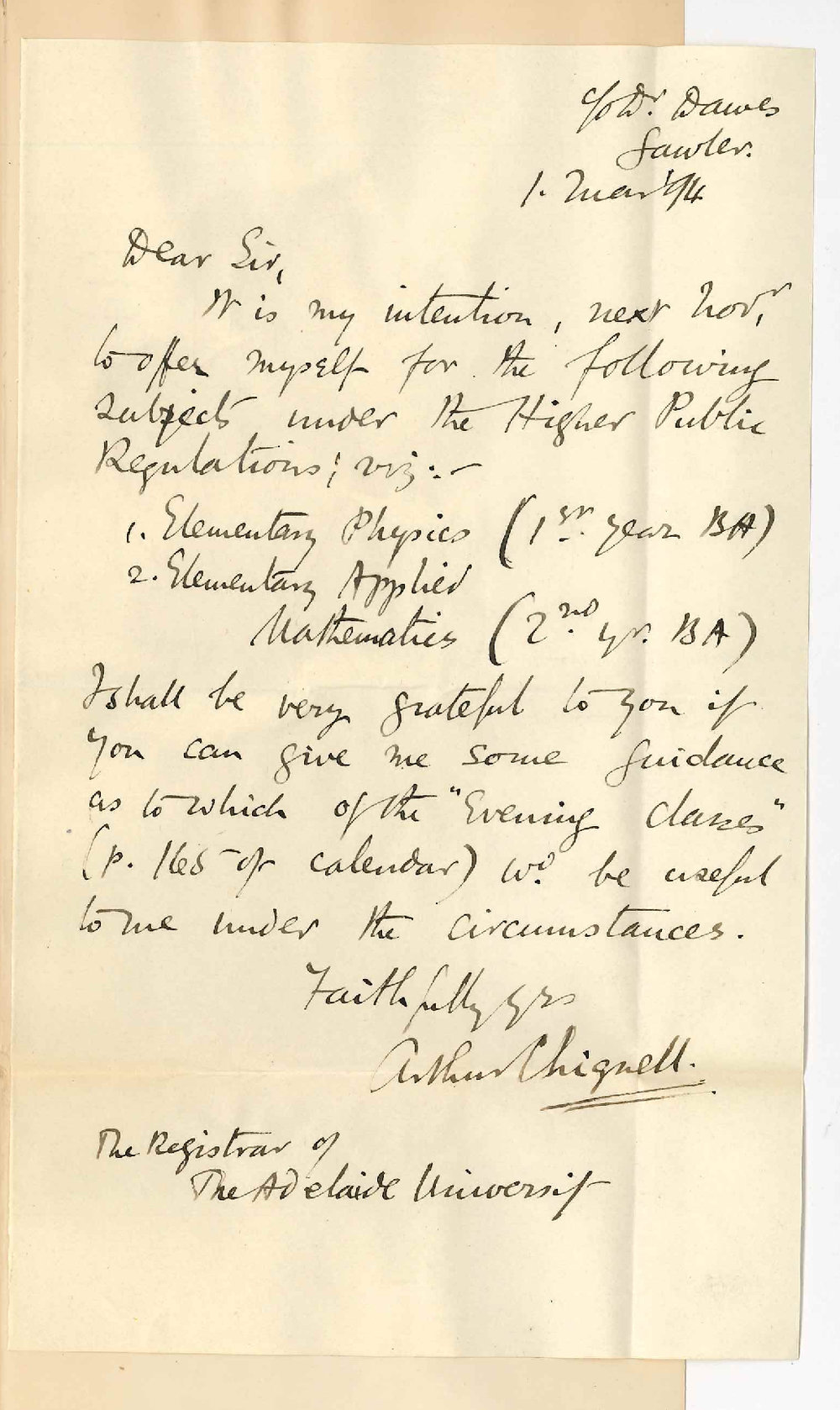 Arthur Chignell - c/o Dr Dawes Gawler - Information regarding Evening Classes