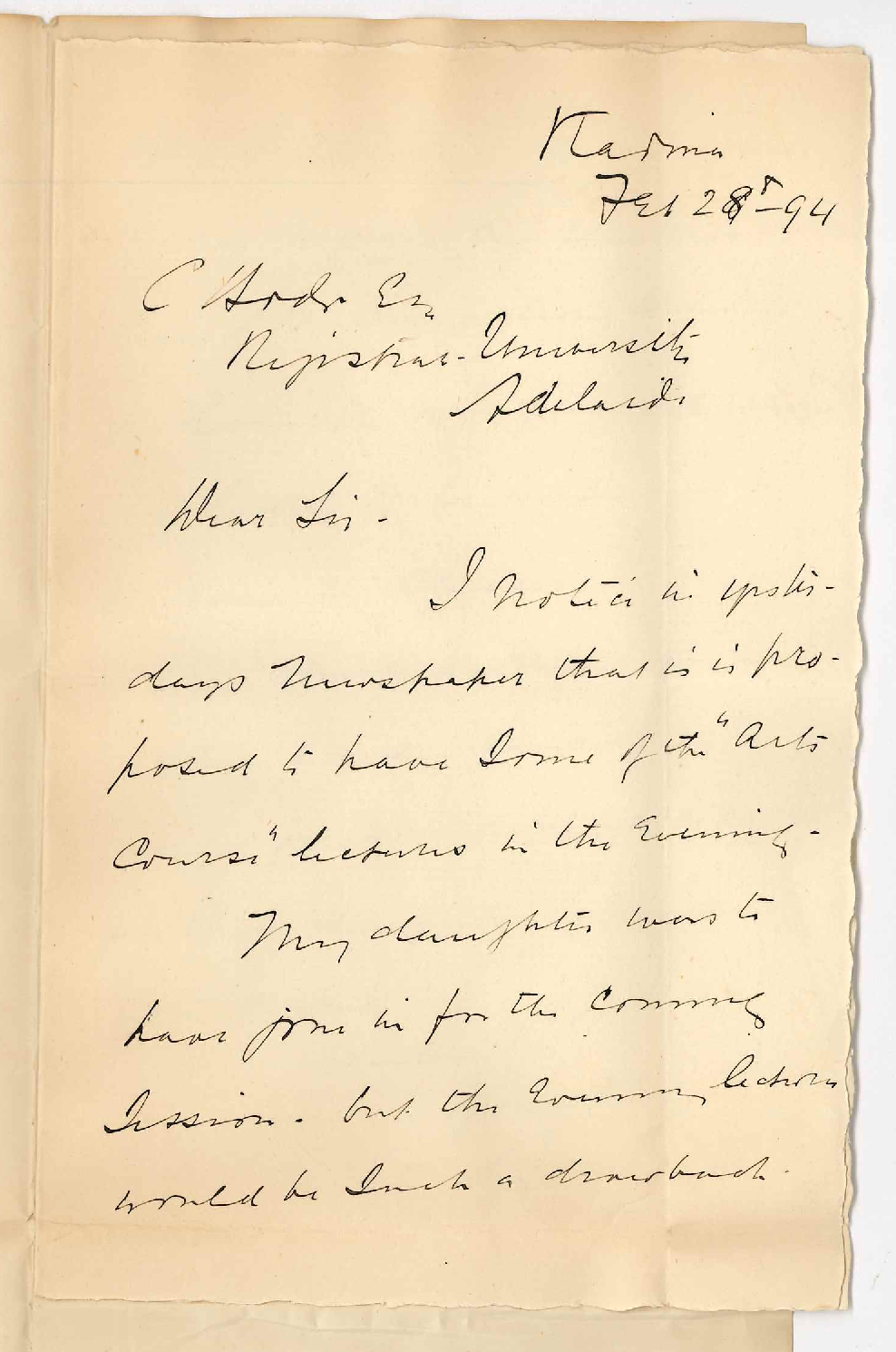 WN Robinson MB - Hay Street Kadina - Wishes to know whether German or English are likely to be included in Evening Classes he objects to daughter attending after dark