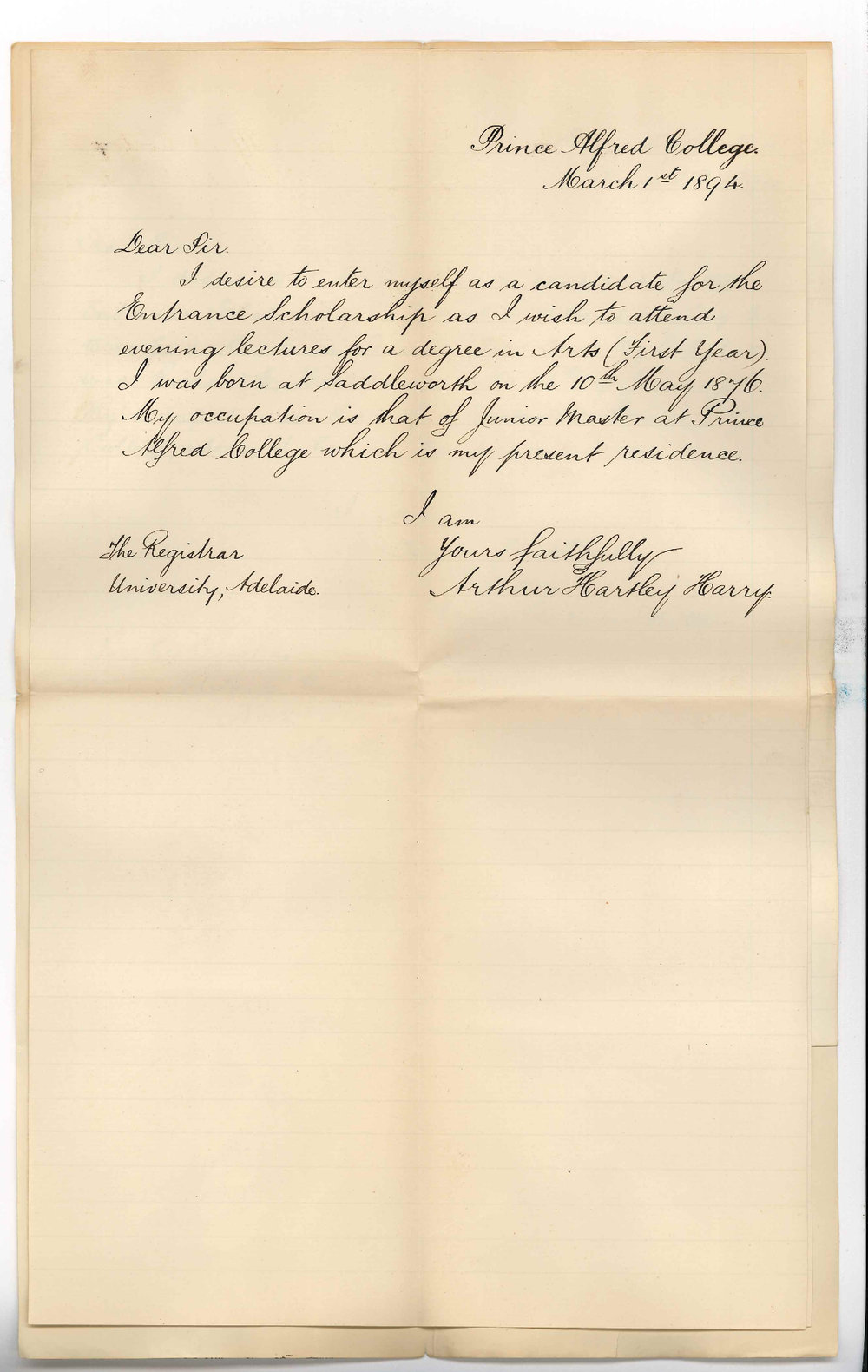 Arthur H Harry - Ernest G Mitton - Albert C Unbehaun - Entry for Evening Class Scholarships March 1894