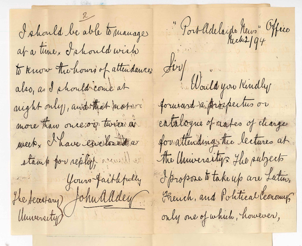 John A Adey - Port Adelaide News Office - Information regarding lectures on Latin French and Political Economy