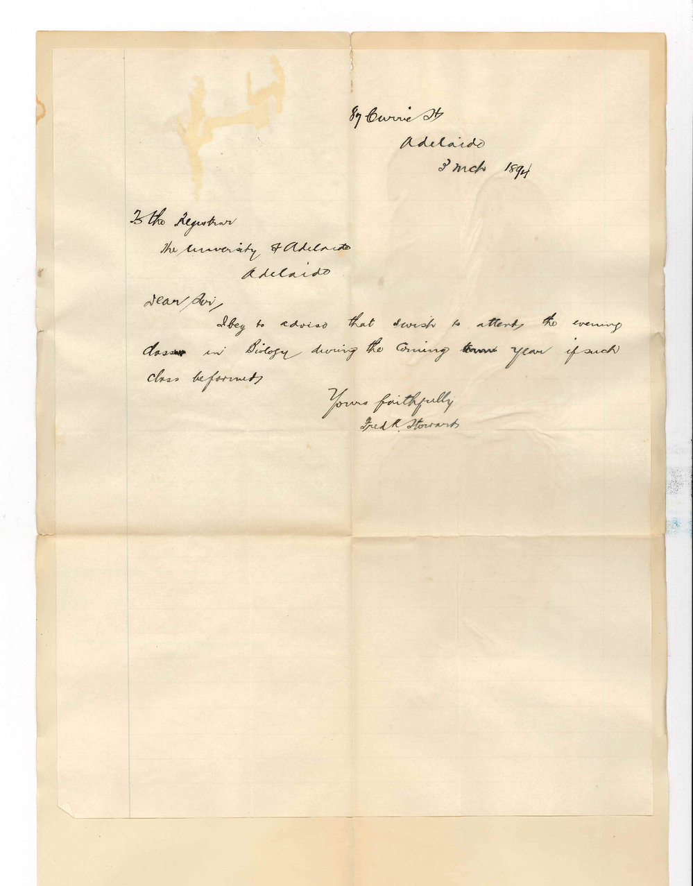 Frederick Stoward - 89 Currie Street City - Wishes to attend Evening Class in Biology