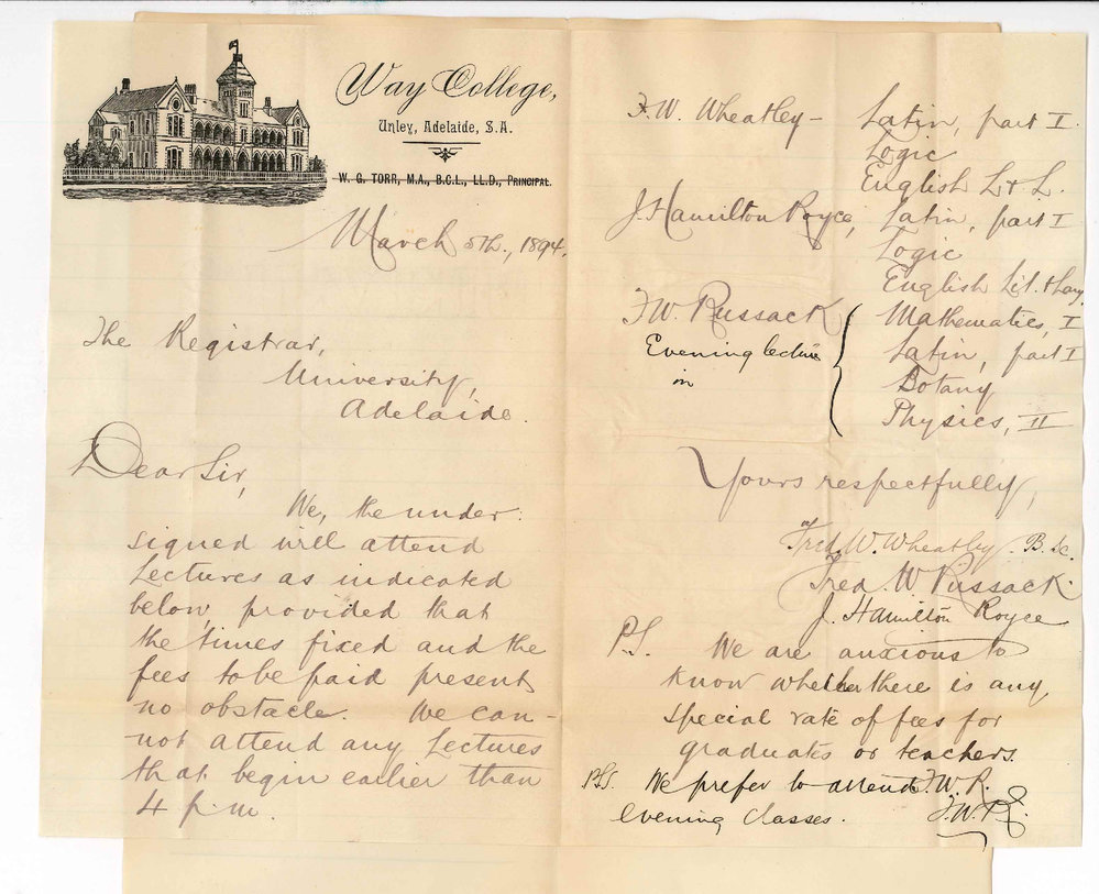 Fred William Wheatley - Frederick W Russack - J Hamilton Royce - Way College - Unley - Information re Evening Classes during 1894