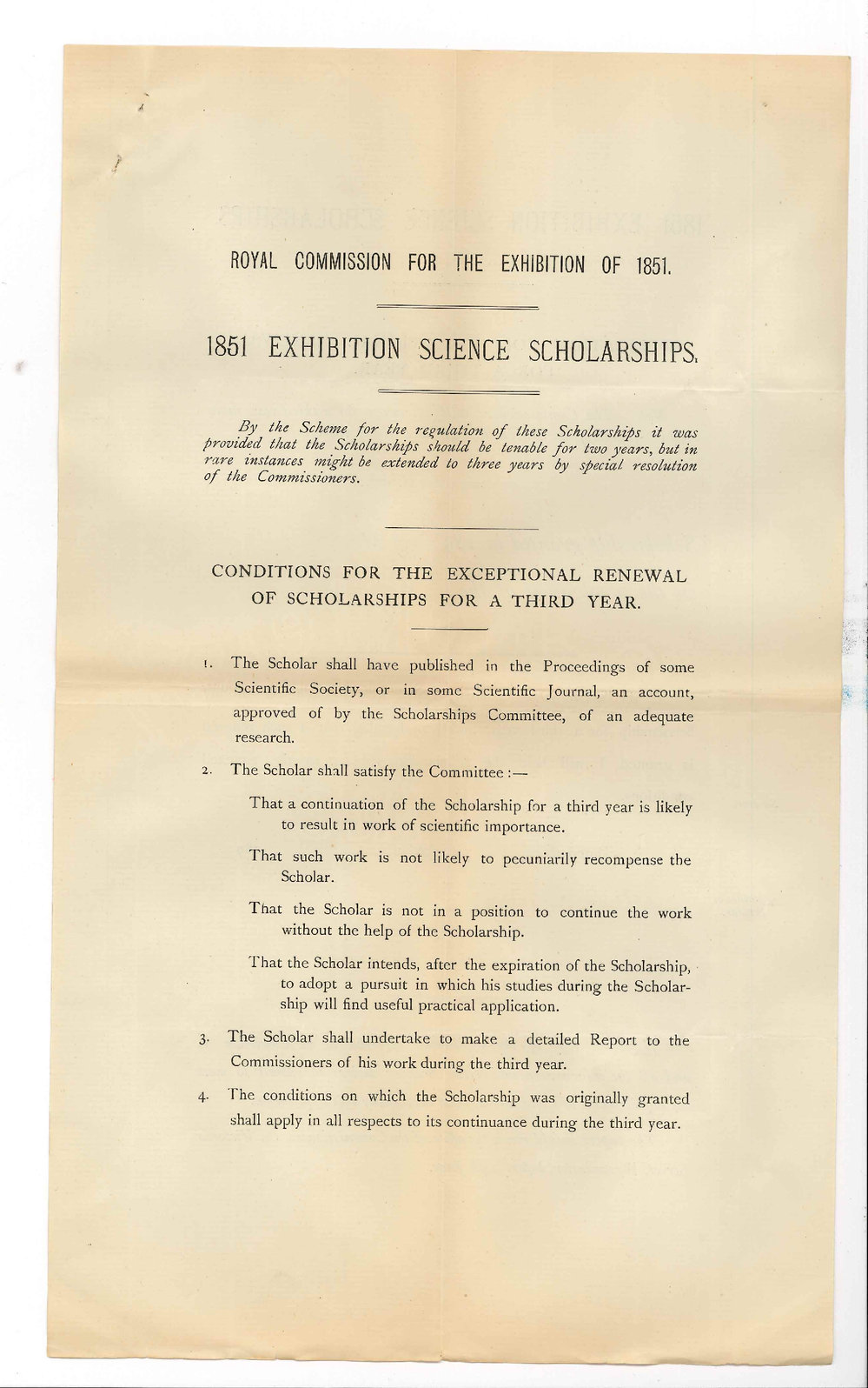 Major General Arthur Ellis - Secretary - Royal Commission for the Exhibition 1851 - Forwards draft for &pound;75 for Scholar James Bernard Allen - also conditions for renewal of Scholarship for third year