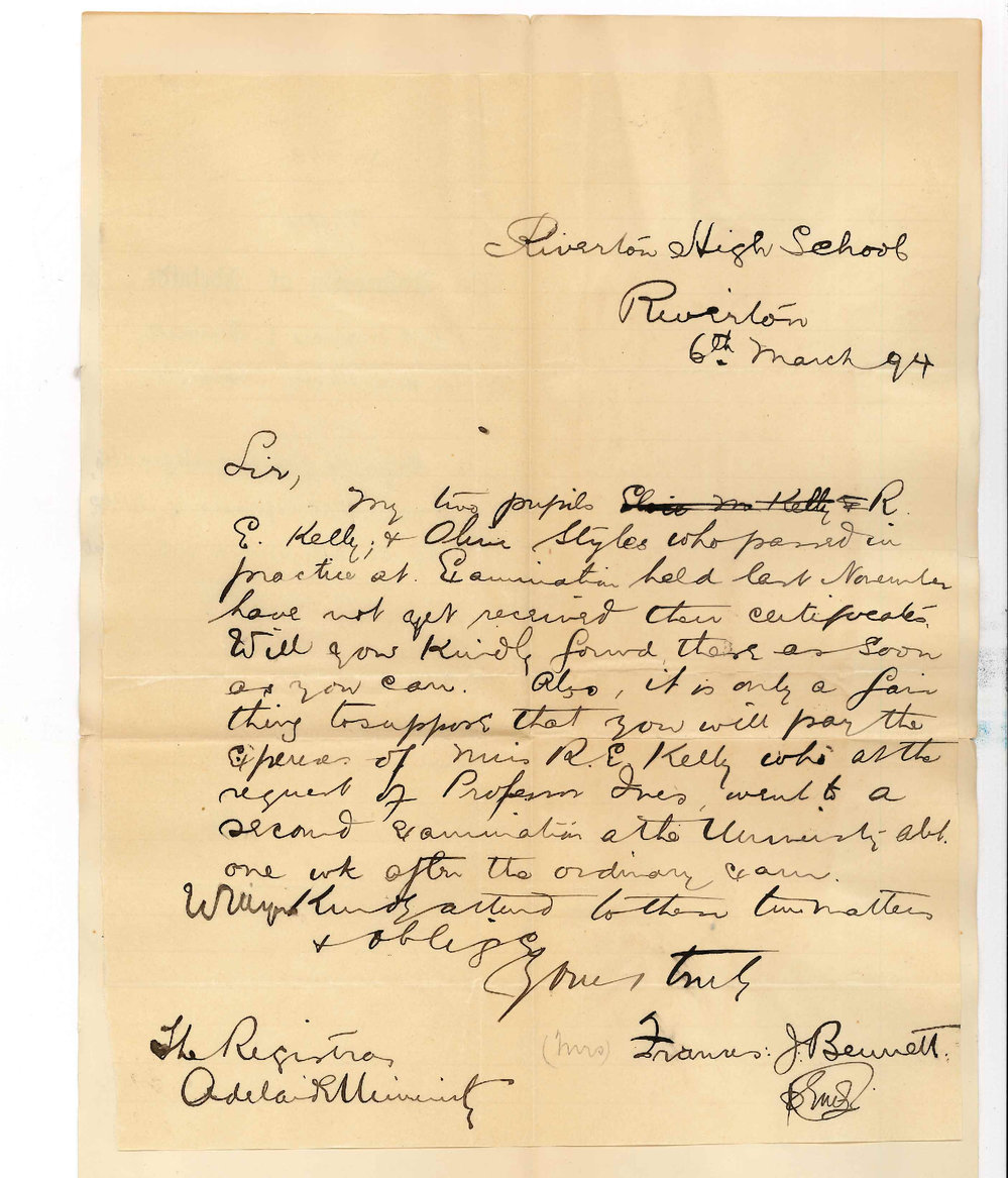 Mrs Frances J Bennett - Riverton High School - Riverton - Requests for Certificates for Alice Styles and RE Kelly - also asks that expenses of Miss R E Kelly who attended a subsequent Music Exam may be paid