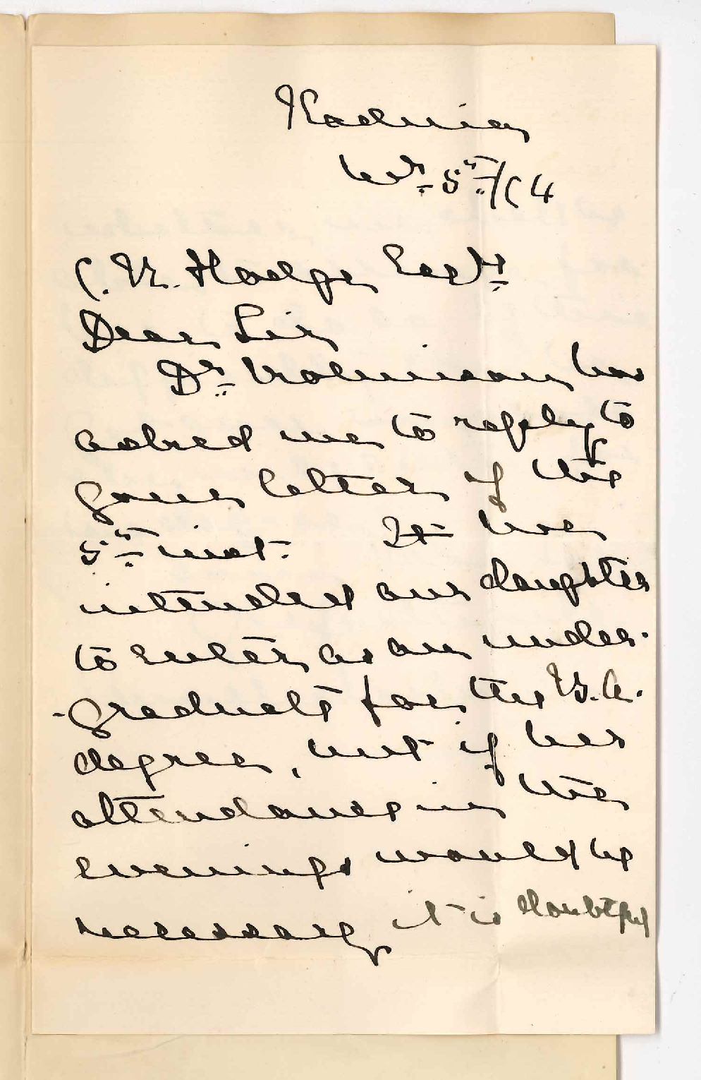 Mrs Annie M Robinson - Kadina - Daughter will enter for BA degree if attendance on Evening Classes not necessary