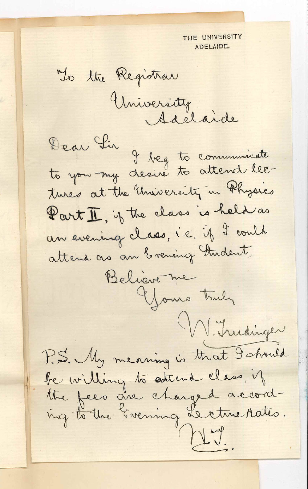 Walter Trudinger - Frederick W Russack - Way College - Unley - Will attend Evening Class in Physics Part 2 1894