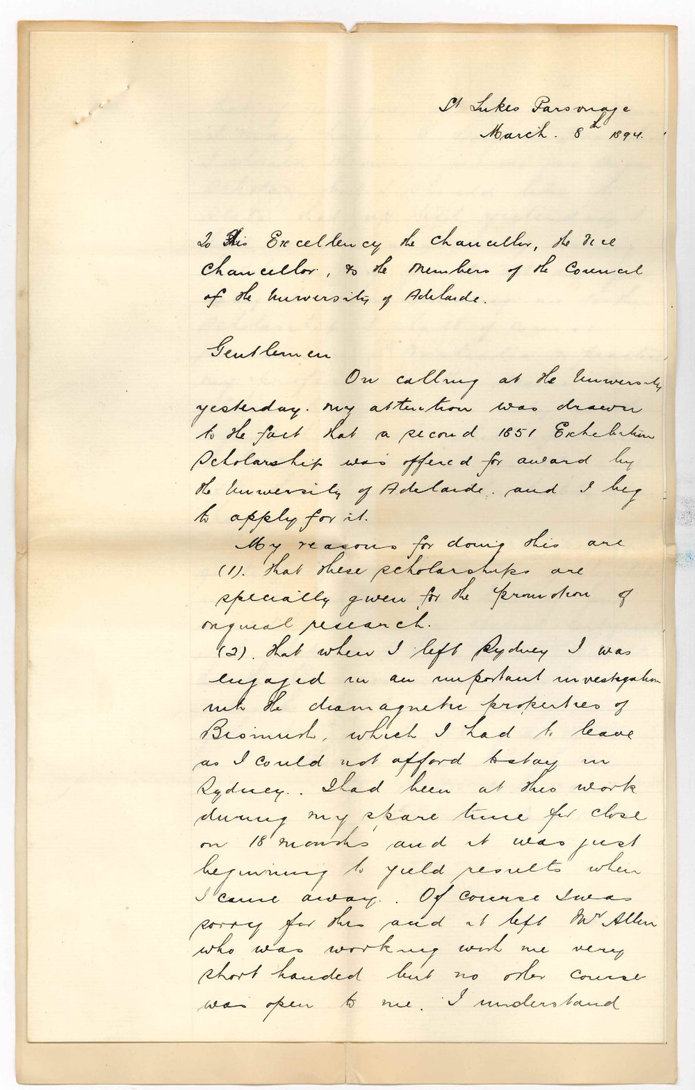 Clinton Coleridge Farr - St Lukes Parsonage City - Application for Exhibition of 1851 Scholarship