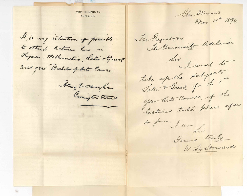 Walter Henry Howard - Carrington Street - Henry Estcourt Hughes - Glen Osmond - Wish to take certain subjects of BA Course if they are held in the evening