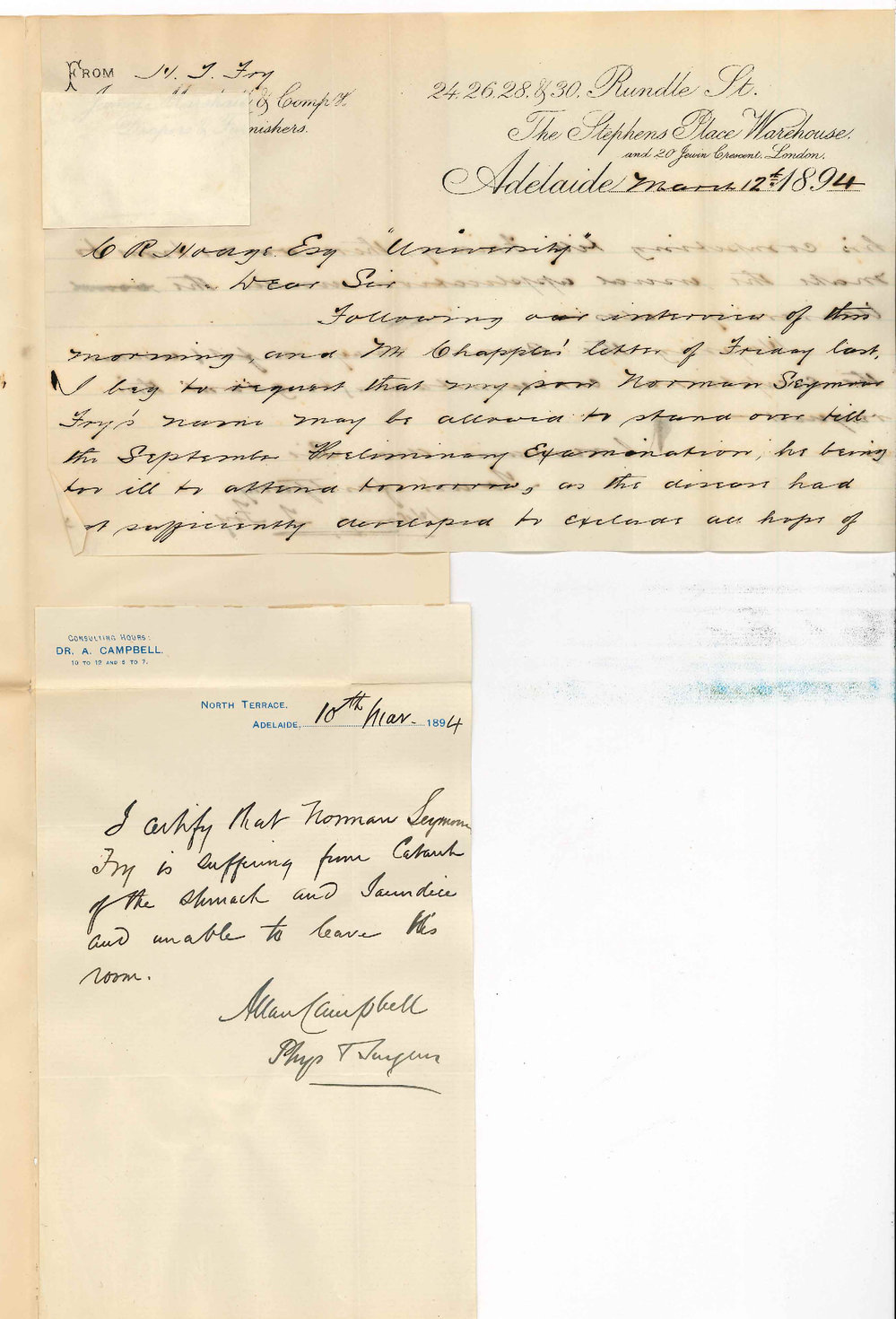 Henry F Fry - c/o James Marshall and Company - Rundle Street City - Withdraw Norman Seymour Fry from Preliminary Exam on account of illness and wishes fee to stand to credit