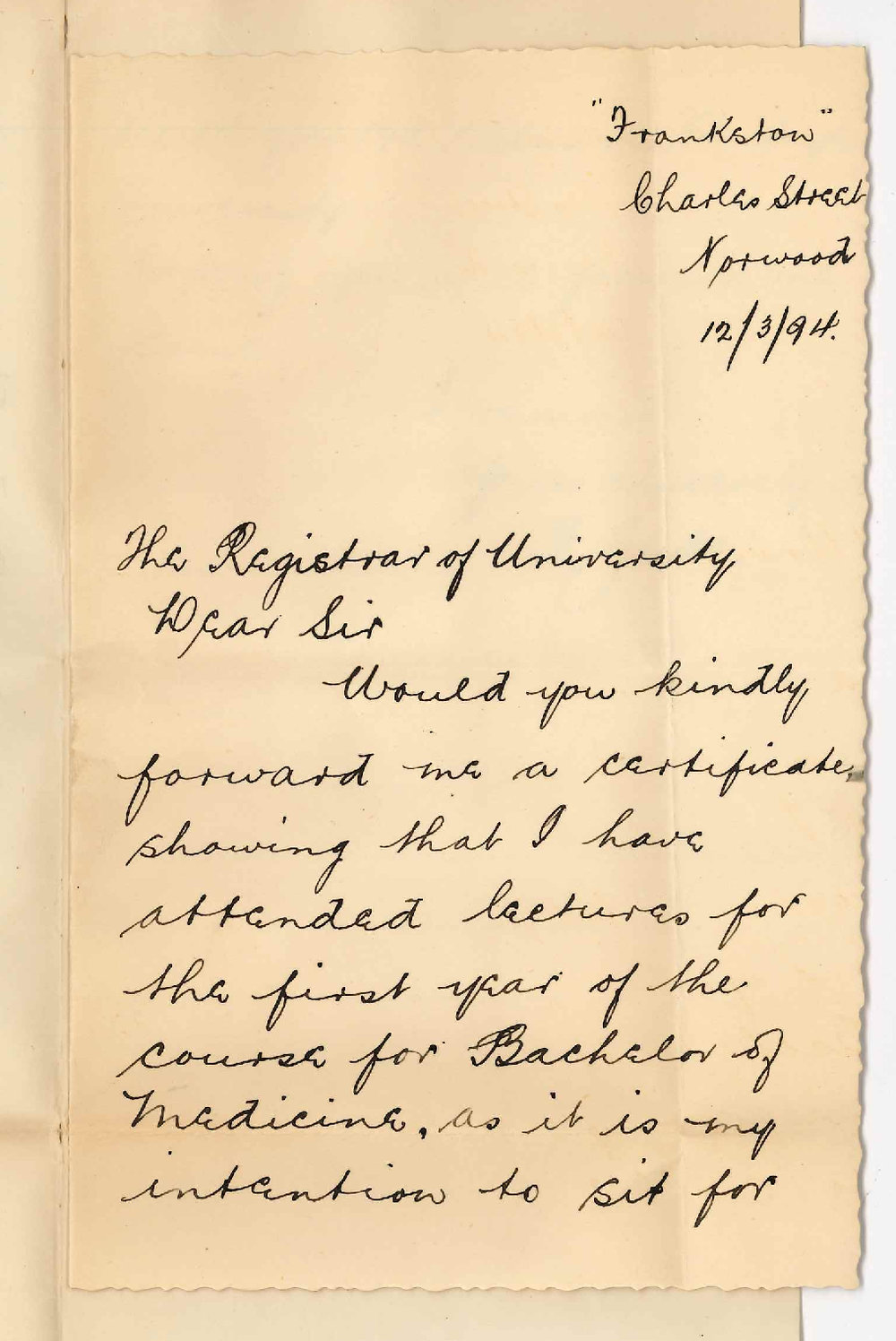 Frederick John Jude - Frankston - Charles Street Norwood - Wishes Certificate of attendance 1st year MB