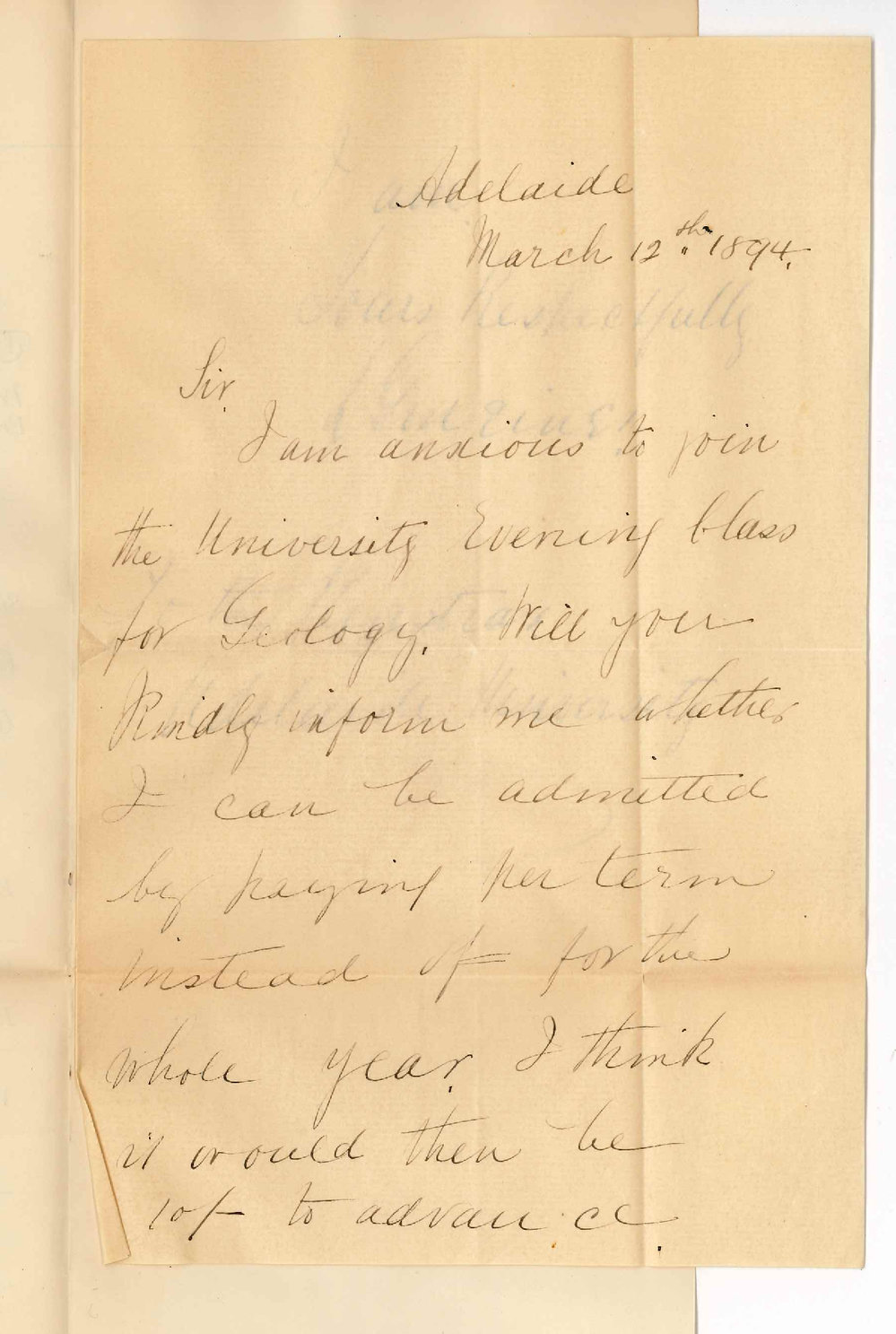 Miss Caroline Leonora Gmeiner - 296 King William Street City South - Wishes to attend Evening Class in Geology and pay fees per term