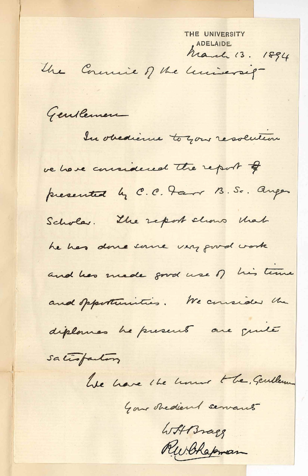 Professors William Henry Bragg and Robert William Chapman - The University - Angas Scholar Clinton Coleridge Farr Report and Diplomas very satisfactory