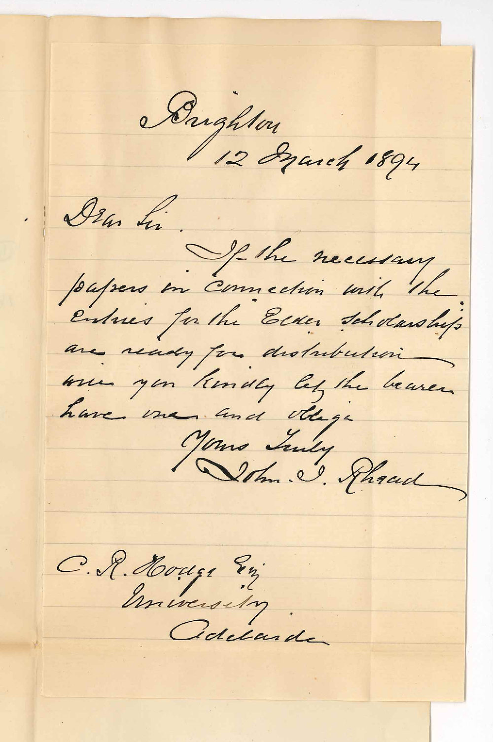 John I Rhead - Brighton - Wishes information regarding the Elder Music Scholarship