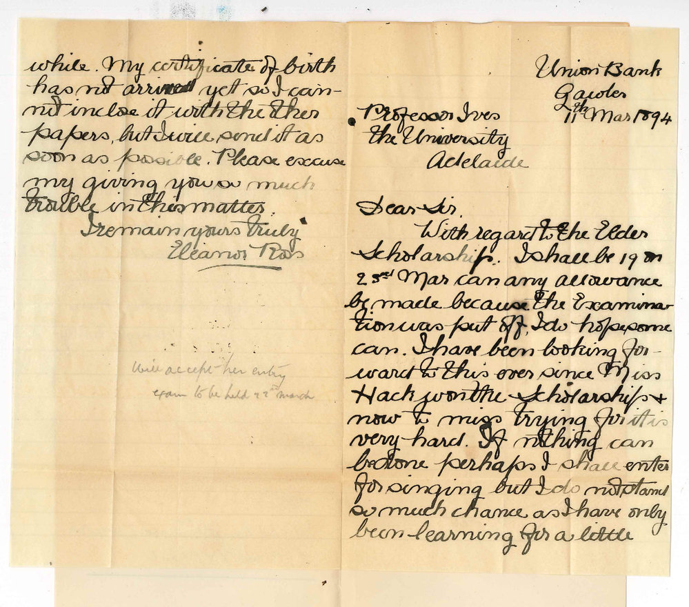 Miss Eleanor Ross - Union Bank Gawler - Re Elder Scholarship - Wishes to enter for same although slightly over age