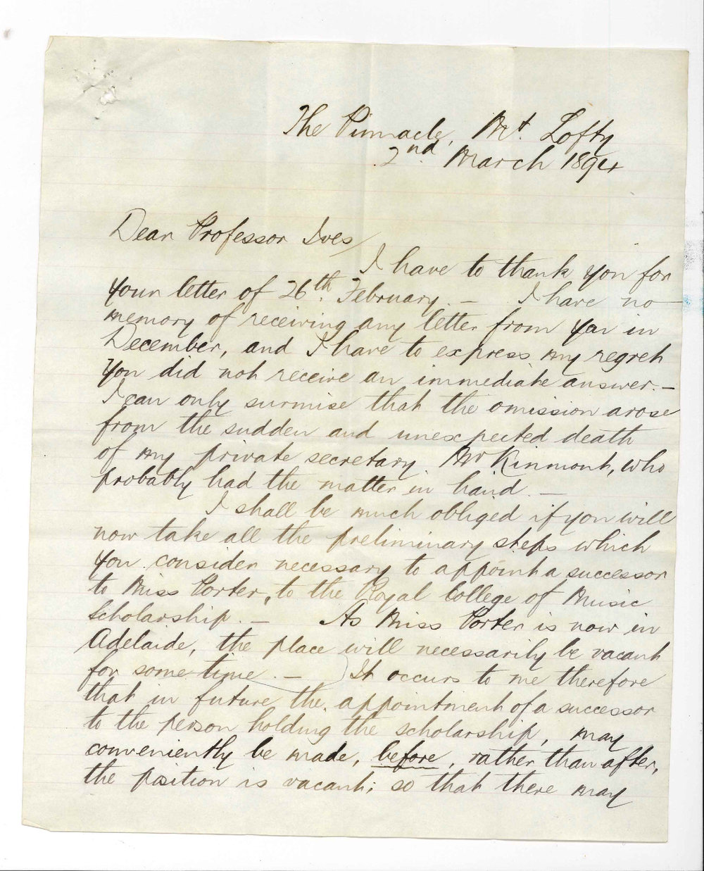 Sir Thomas Elder and Professor Joshua Ives - Mount Lofty and The University - Correspondence re the Elder Music Scholarship