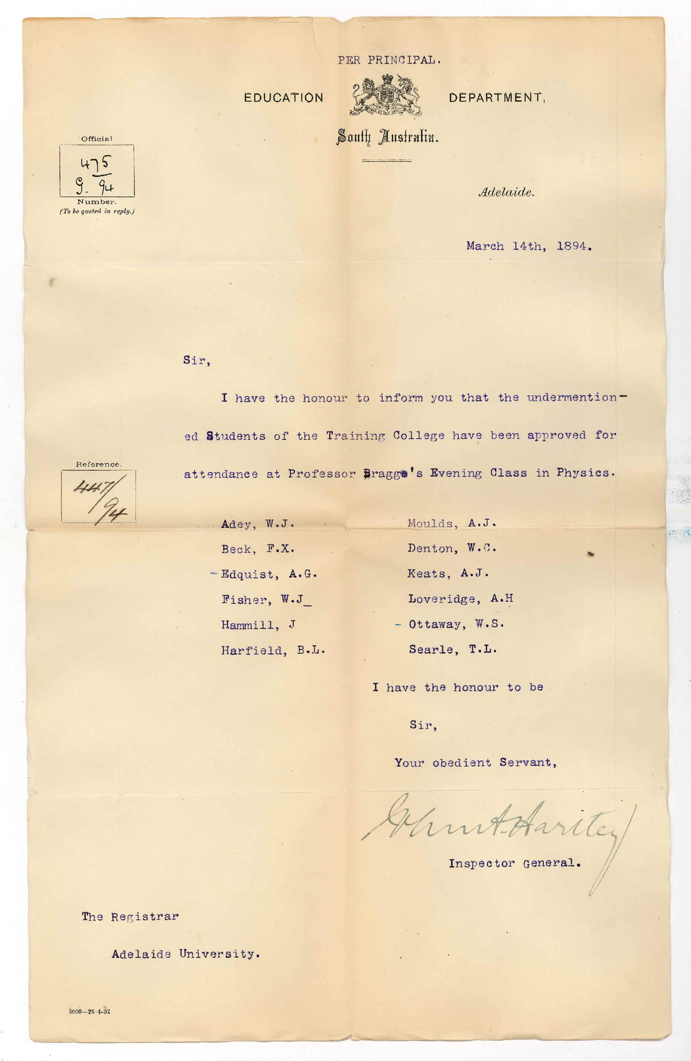 John A Hartley - Inspector General of Schools Education Department - List of Training College Students who will attend Evening class in Physics